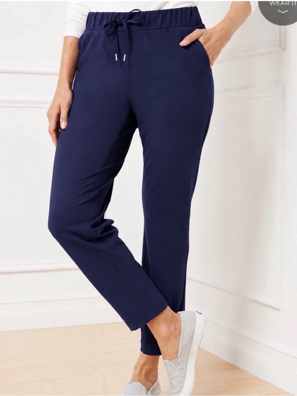 T by Talbots Out & About Stretch Jogger Pants Navy Blue PM Drawstring Comfort